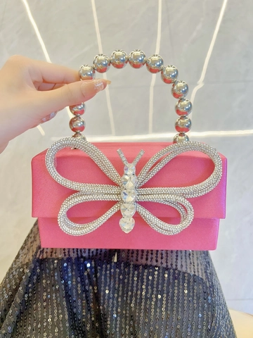 Luxury French Style Satin Box Evening Bag Rhinestone Butterfly Wedding Party Clutch Handbag With Silver Bead Handle For Women