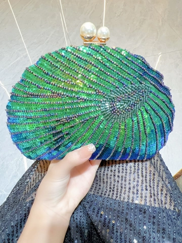 Vintage Shell Shape Sequin Beaded Evening Clutch Bag With Artificial Pearl Clasp For Women Wedding Banquet Party Handbag Shoulder Bag