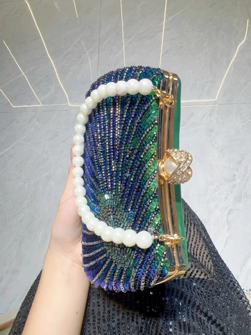 Vintage Oriental Evening Bag Luxury Sequin Peacock Pattern Clutch Handbag With Artificial Pearl Handle Wedding Party Banquet For Women