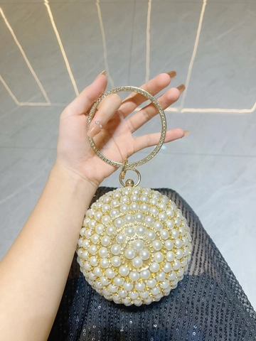 Women Artificial Pearl Evening Clutch Bag Round Spherical Rhinestone Ring Handle Elegant Party Wedding Banquet Purse With Chain