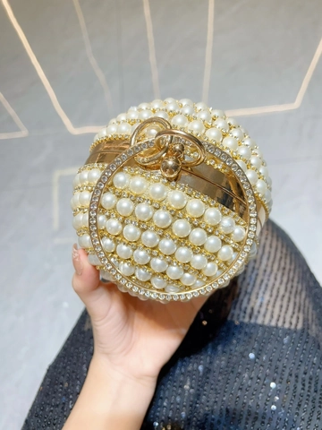 Women Artificial Pearl Evening Clutch Bag Round Spherical Rhinestone Ring Handle Elegant Party Wedding Banquet Purse With Chain