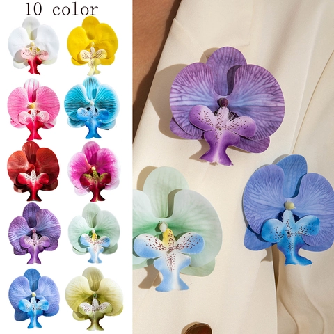 Artificial Phalaenopsis Orchid Flower Brooch Handmade Fabric Floral Breastpin For Women Summer Vacation Party Wedding Accessory