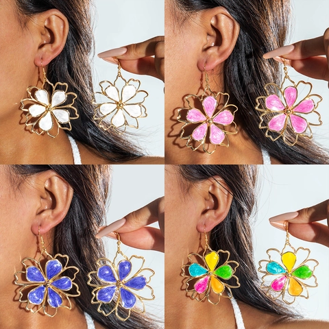 Collier Et Boucles D'oreilles Fleurs Creuses Alliage Plaqué Or Émail Bijoux Floraux Pour Femmes Bohème Élégant Cadeau De Fête