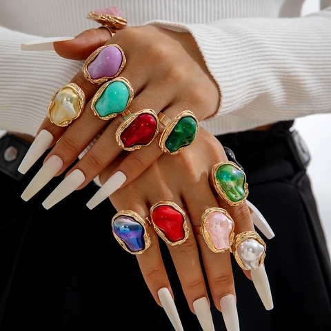 French Vintage Irregular Faux Artificial Pearl Resin Ring Baroque Gold Plated Adjustable Open Ring Elegant Party Jewelry For Women