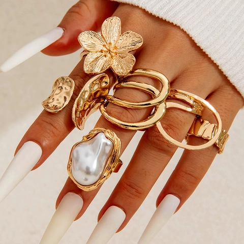 Anelli In Lega Oro Stella Marina Conchiglia Fiore Perla Artificiale Boho Vacanze Regolabili Per Donne Punk