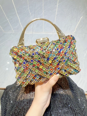 Luxury Rhinestone Evening Clutch Handbag Geometric Pattern Hard Shell Purse For Party Wedding Women With Metal Handle