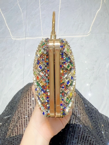 Luxury Rhinestone Evening Clutch Handbag Geometric Pattern Hard Shell Purse For Party Wedding Women With Metal Handle
