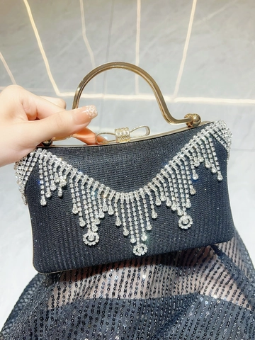 Lussuosa Pochette da Sera con Nappine in Strass per Donna Manico Glitterato Borsa a Tracolla per Matrimonio Festa con Catena