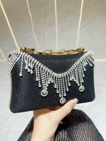 Lussuosa Pochette da Sera con Nappine in Strass per Donna Manico Glitterato Borsa a Tracolla per Matrimonio Festa con Catena