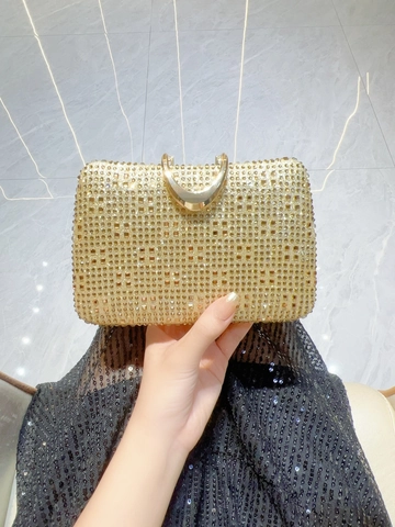 Elegante Borsa da Sera con Strass Oro Donna Manico in Metallo Borsa a Scatola Catena Tracolla per Matrimonio Festa