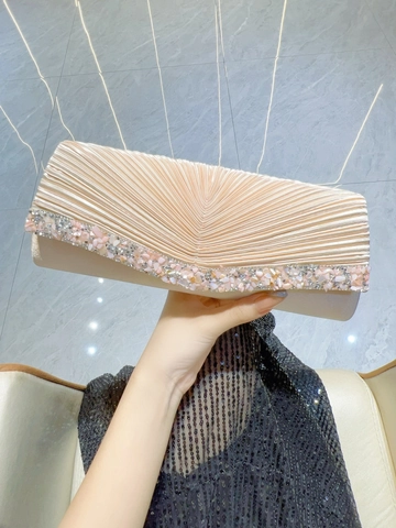 Elegante Borsa da Sera in Raso Plissettato Con Strass per Donna Matrimonio Banchetto Festa Pochette Con Catenina