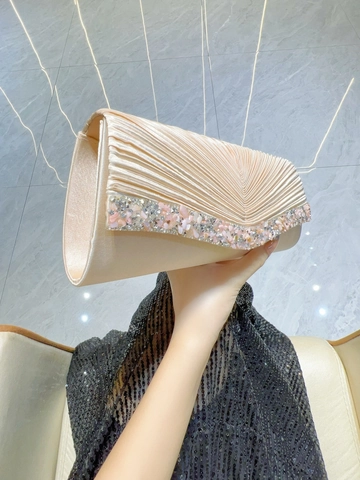 Elegante Borsa da Sera in Raso Plissettato Con Strass per Donna Matrimonio Banchetto Festa Pochette Con Catenina