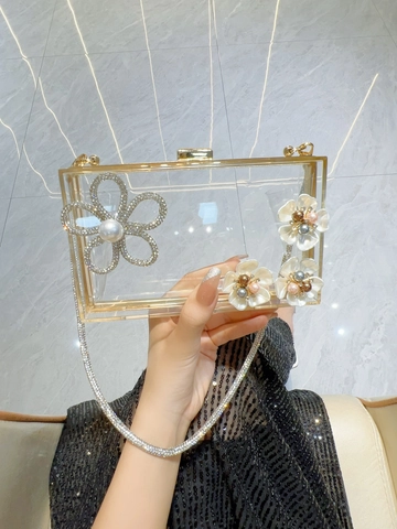 Transparente Acryl Abendtasche Mit Strass Blume Künstliche Perlen Dekor Gold Silber Party Hochzeit Bankett Clutch Box Tasche