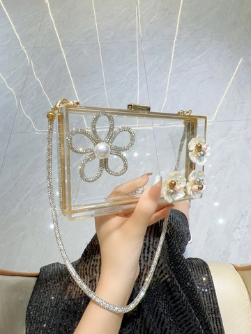 Transparente Acryl Abendtasche Mit Strass Blume Künstliche Perlen Dekor Gold Silber Party Hochzeit Bankett Clutch Box Tasche