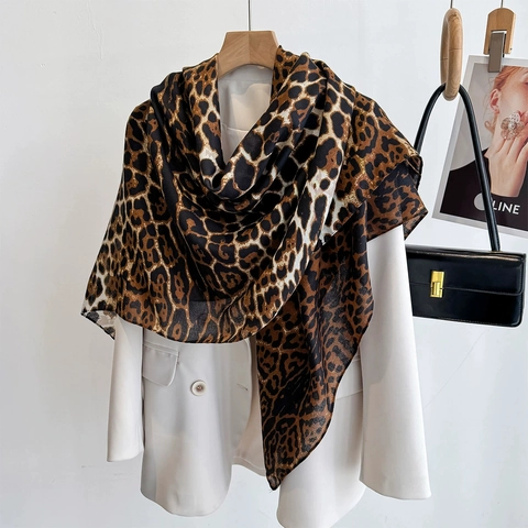 Leopard Print Square Scarf Lightweight Polyester Chiffon Feel Large Shawl Sun Protection Elegant Fashion Accessory For Women