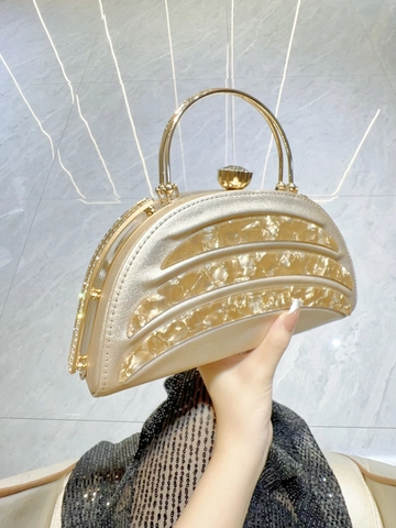 Luxe PU Metalen Strass Halfronde Avondtas Voor Dames Met Ringhandvat Metalen Clutch Handtas Voor Bruiloft Feest