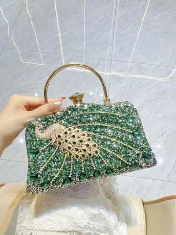 Lussuosa Borsa da Sera con Pavone in Strass per Donna Pochette in Lega d'Oro con Manico Tondo per Matrimonio Festa Banchetto