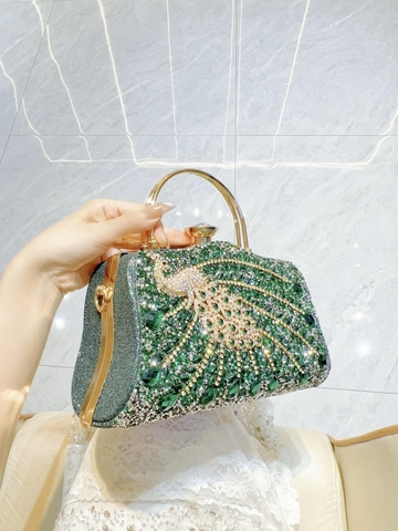 Lussuosa Borsa da Sera con Pavone in Strass per Donna Pochette in Lega d'Oro con Manico Tondo per Matrimonio Festa Banchetto