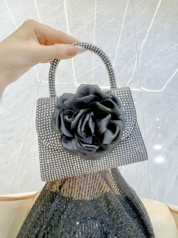 Women's Luxury Rhinestone Evening Handbag With Large Satin Rose Flower Sparkling Party Wedding Banquet Tote Bag