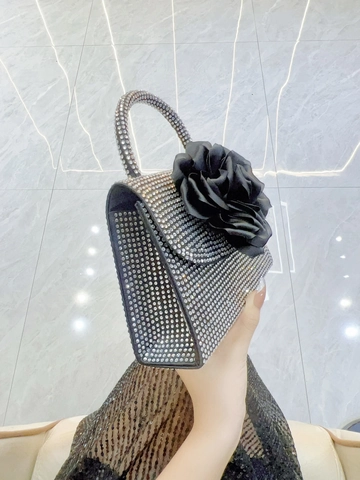 Women's Luxury Rhinestone Evening Handbag With Large Satin Rose Flower Sparkling Party Wedding Banquet Tote Bag