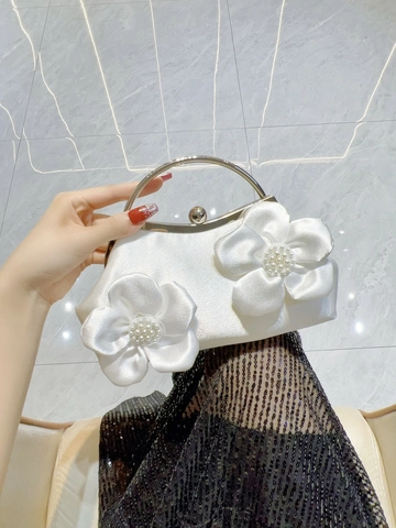 Satin Evening Clutch Bag Elegant 3D Floral And Artificial Pearl Decoration Round Metal Handle Handbag For Wedding Party Prom