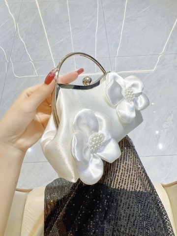 Satin Evening Clutch Bag Elegant 3D Floral And Artificial Pearl Decoration Round Metal Handle Handbag For Wedding Party Prom