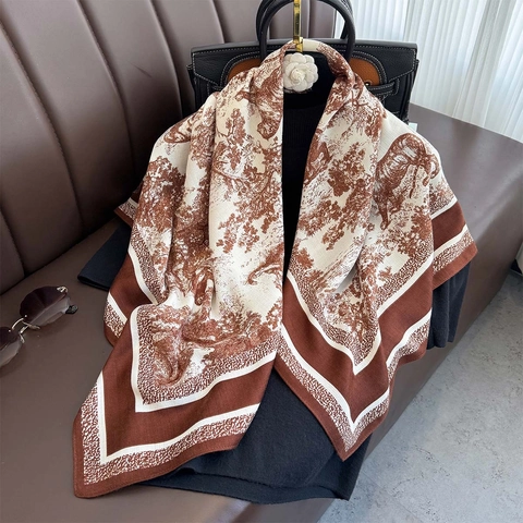 Women Elegant Toile De Jouy Print Square Scarf Polyester Faux Satin French Retro Forest Animal Pattern Shawl Wrap For Summer