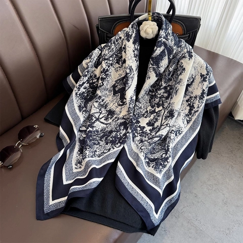 Women Elegant Toile De Jouy Print Square Scarf Polyester Faux Satin French Retro Forest Animal Pattern Shawl Wrap For Summer