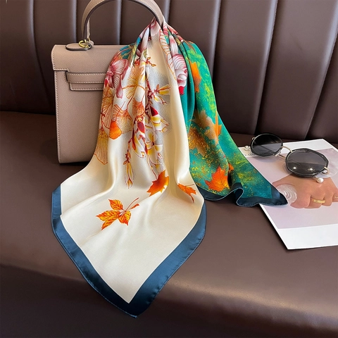 Floral Printed Square Scarf Satin-Like Satin Polyester Elegant Vintage Commuter Smooth Neck Scarf For Women