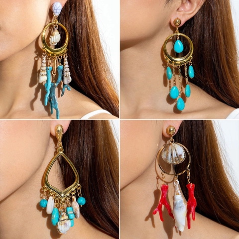 Pendientes de Gota Bohemios de Coral de Concha de Océano Resina Acrílico Aleación Chapada en Oro Turquesa Borla Estilo Étnico Joyería Mujer