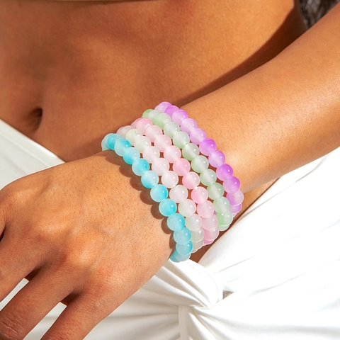 Glass Beaded Bracelet Translucent Colorful Round Beads Retro Baroque Style Elastic Cord Jewelry For Women And Students