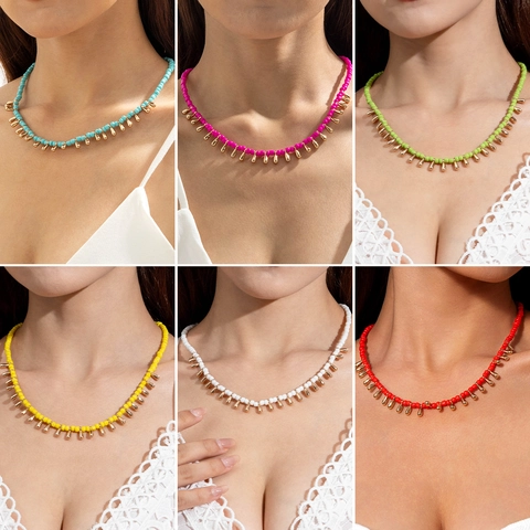 Bohemian Beaded Necklace For Women With Gold Teardrop Pendants Resin Seed Beads Retro Vacation Jewelry