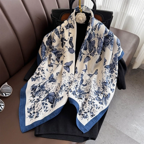 Butterfly Floral Print Satin Square Scarf For Women 90x90cm Elegant Large Sun Protection Headscarf All-match Shawl Hair Band Neck Scarf