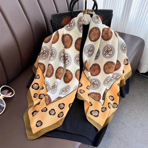 Eleganter Quadratischer Schal Mit Kamelienblumenmuster Seidig Weicher Polyester Schal Für Damen Vintage Leichter Halstuch