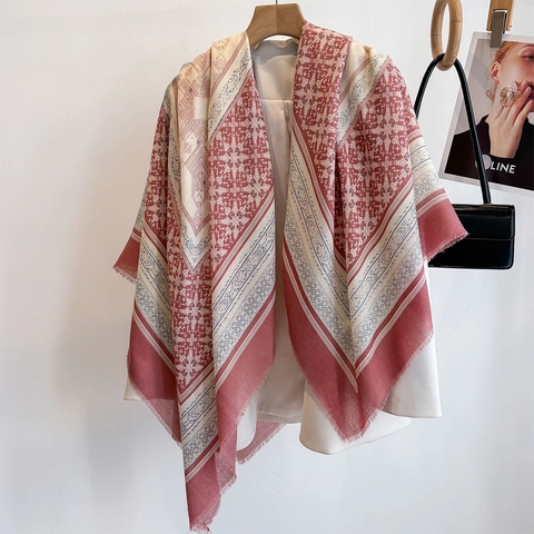 Women Large Square Scarf Shawl Ethnic Geometric Floral Print Polyester Cotton Linen Feel Vintage Bohemian Travel Wrap Pink