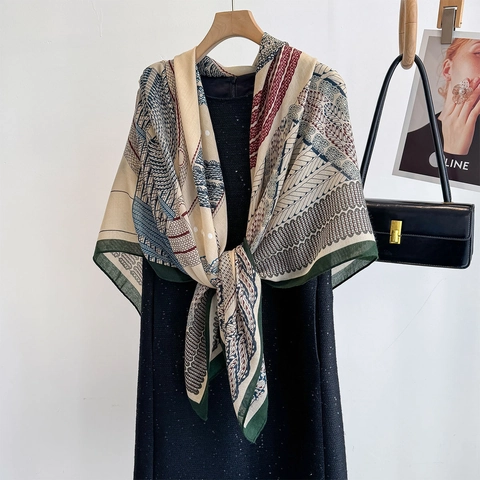 Women Large Square Scarf Vintage Floral Print Polyester Shawl Elegant Sun Protection Headscarf Lightweight Beach Wrap