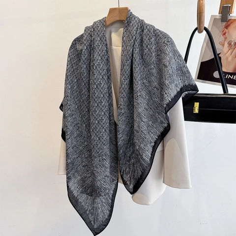 Women Large Square Scarf Polyester Printed Geometric Elegant Shawl Headwrap Versatile Fashionable Accessory For Lady