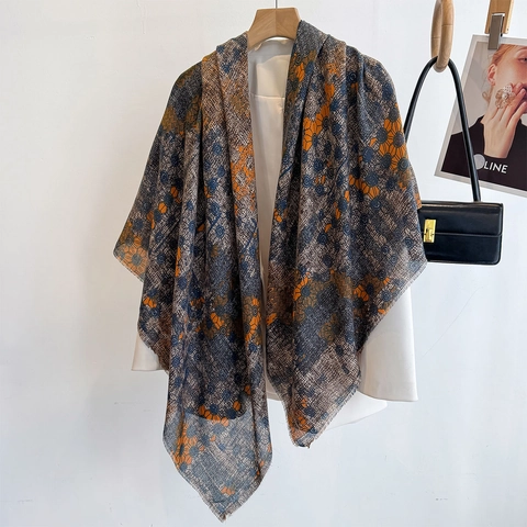 Large Square Scarf Polyester Cotton Linen Feel Retro Floral Print Shawl Sunscreen Beach Wrap Women Accessory