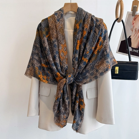 Large Square Scarf Polyester Cotton Linen Feel Retro Floral Print Shawl Sunscreen Beach Wrap Women Accessory