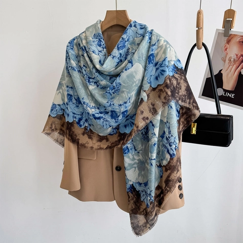 Large Square Scarf Shawl Floral Leopard Print Patchwork Raw Edge Polyester Material For Women Travel Sun Protection Elegant Accessory