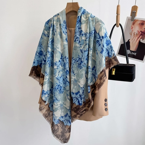 Large Square Scarf Shawl Floral Leopard Print Patchwork Raw Edge Polyester Material For Women Travel Sun Protection Elegant Accessory