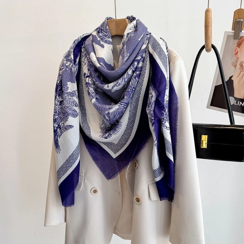 Toile De Jouy Large Square Scarf Tropical Jungle Print Lightweight Cotton Linen Feel Wrap Shawl With Frayed Edge For Women