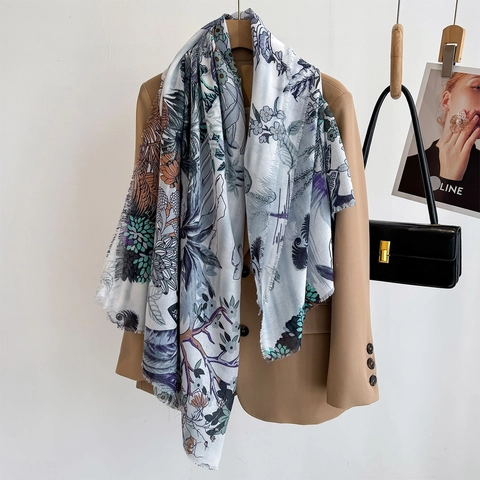 Elegante Foulard Quadrato Grande Con Stampa Floreale Da Donna Scialle Leggero Traspirante Con Bordi Sfrangiati