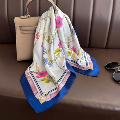 Foulard Quadrato In Satin Elegante Stampa Floreale Catena Effetto Raso Stile Francese Versatile Per Donne