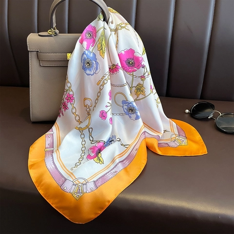 Foulard Quadrato In Satin Elegante Stampa Floreale Catena Effetto Raso Stile Francese Versatile Per Donne
