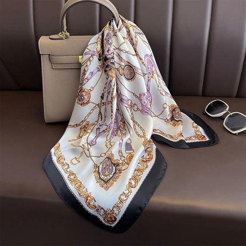 Elegante Vierkante Sjaal KunstSatijn Satijn Ruiterketting Print Retro Luxe Modeaccessoire Dames