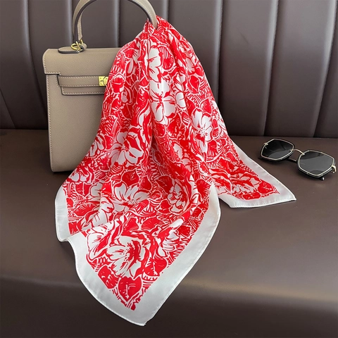 Women Floral Print Square Scarf Satin Polyester Elegant Neck Head Wrap Holiday Travel Accessory