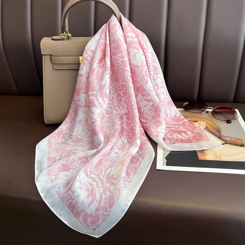 Women Floral Print Square Scarf Satin Polyester Elegant Neck Head Wrap Holiday Travel Accessory