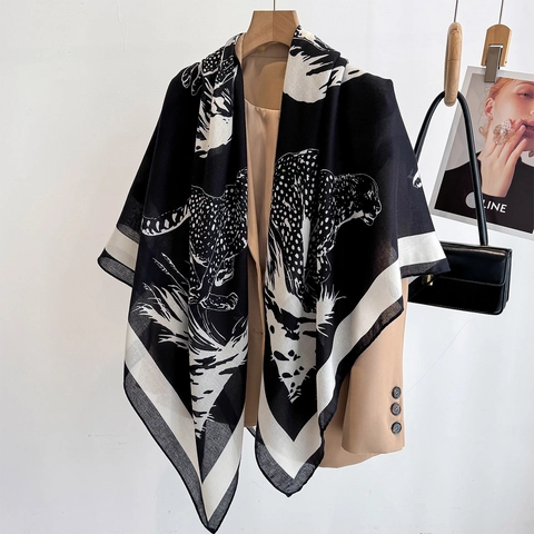 Leopard Print Large Square Scarf Polyester Lightweight Shawl Wrap For Women Modern Fashion Black And White All Match