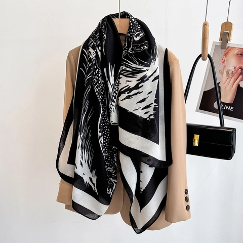Leopard Print Large Square Scarf Polyester Lightweight Shawl Wrap For Women Modern Fashion Black And White All Match